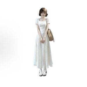 Women's French-Style Square-Neck Summer Fitted Long Dress with Short Sleeves