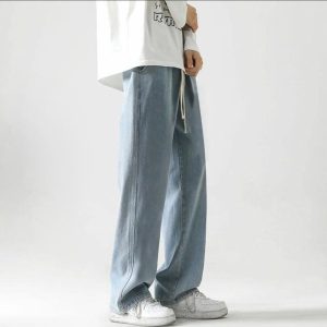 Vintage-Washed, Distressed Spring/Summer American High-Street Minimalist Versatile Basic Trendy Loose-Fitting Slimming Casual Drapey Straight-Leg Lace-Up Jeans