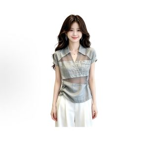 Women's Summer French-Style Top: Minimalist, Versatile, and Unique Everyday Collared Short-Sleeve Chiffon Blouse