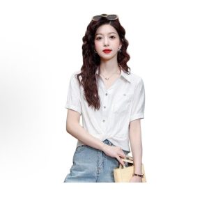 Women's Shirt: Pleated, Cropped, Short-Sleeved Top; Korean-Style Loose-Fit Designer Shirt; Chiffon Blouse