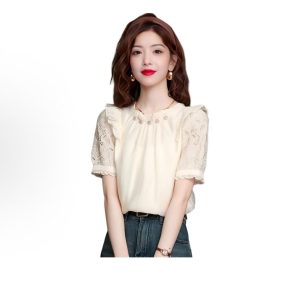 Women's Openwork Chinese-Style Short-Sleeve Top: Elegant, Reversible, Unique, and Beautiful Blouse/T-Shirt/Chiffon Top