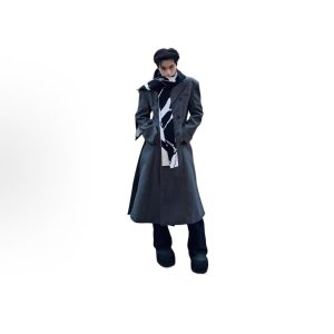 German-Style Atmospheric Outfit: Double-Breasted, Notched Lapel, Waist-Cinched, Padded-Shoulder, Knee-Length Wool Trench Coat—Slim-Fit Nordic-Style Couple's Coat