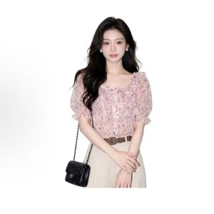 Smoky Pink Floral Print Women's Summer Top: Chic, French-Inspired, Beautiful, and Unique—Trendy, Youthful Chiffon Blouse