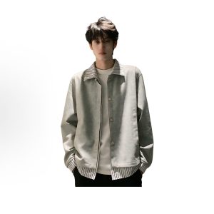 High-End, Relaxed-Fit Faux Two-Piece Patchwork Striped Lapel Shirt-Collar Spring/Fall Edgy-Cool Casual Heavyweight Cardigan Jacket Sweatshirt