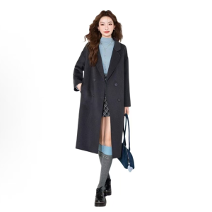 A classic, versatile, double-breasted wool coat featuring a lapel collar and a relaxed, stylish silhouette; a thick, warm, mid-length piece perfect for autumn and winter.