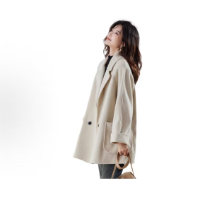Sophisticated double-breasted wool-blend coat—mid-length, thickened for warmth, featuring a relaxed, chic, and versatile loose fit in a solid color; a stylish Korean-inspired design for women.